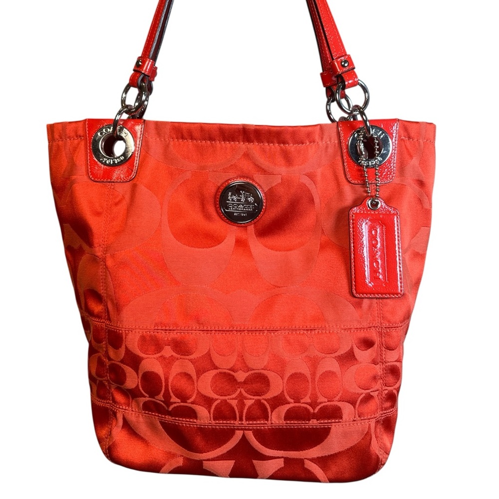 Coach EUC Alex Signature Coral Patent Leather Canvas Tote
